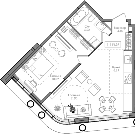 Планировка — Преображенская площадь, 2-комн., 56 м²