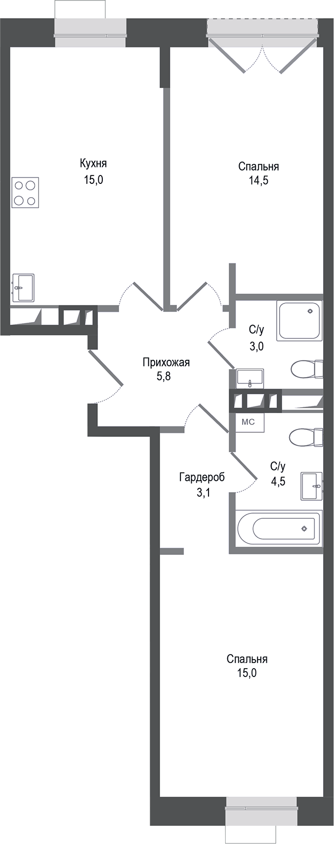 Планировка — Киноквартал, 2-комн., 61 м²