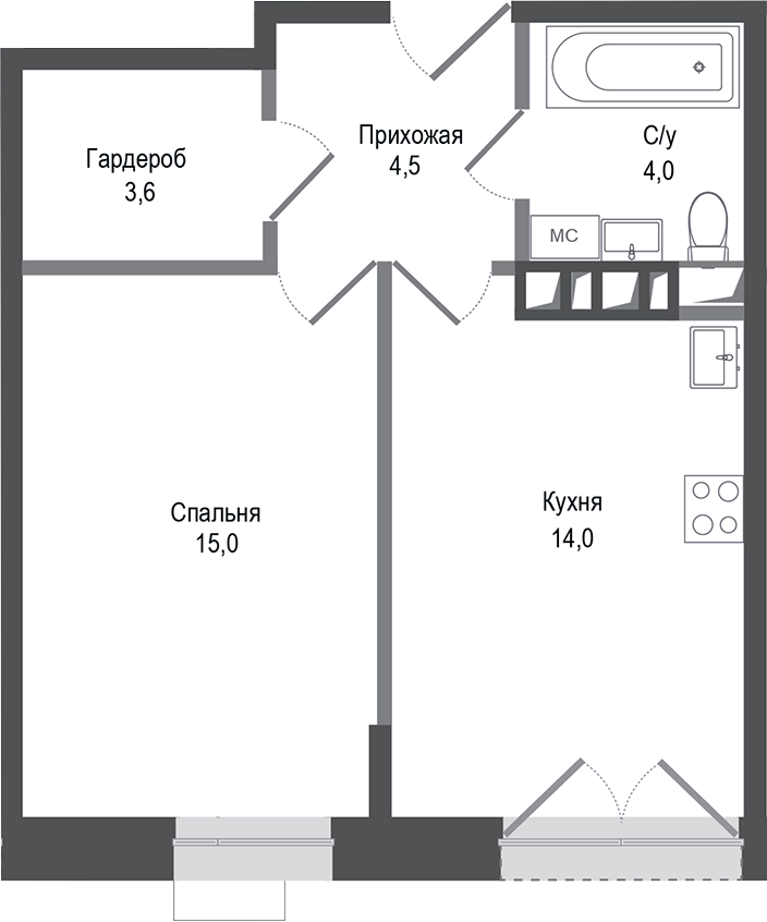 Планировка — Киноквартал, 1-комн., 41 м²