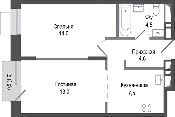 Планировка — Киноквартал, 2-комн., 44 м²