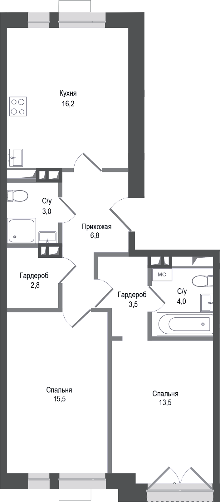 Планировка — Киноквартал, 2-комн., 65 м²