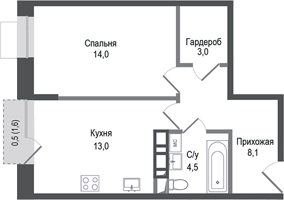 Планировка — Киноквартал, 1-комн., 42 м²