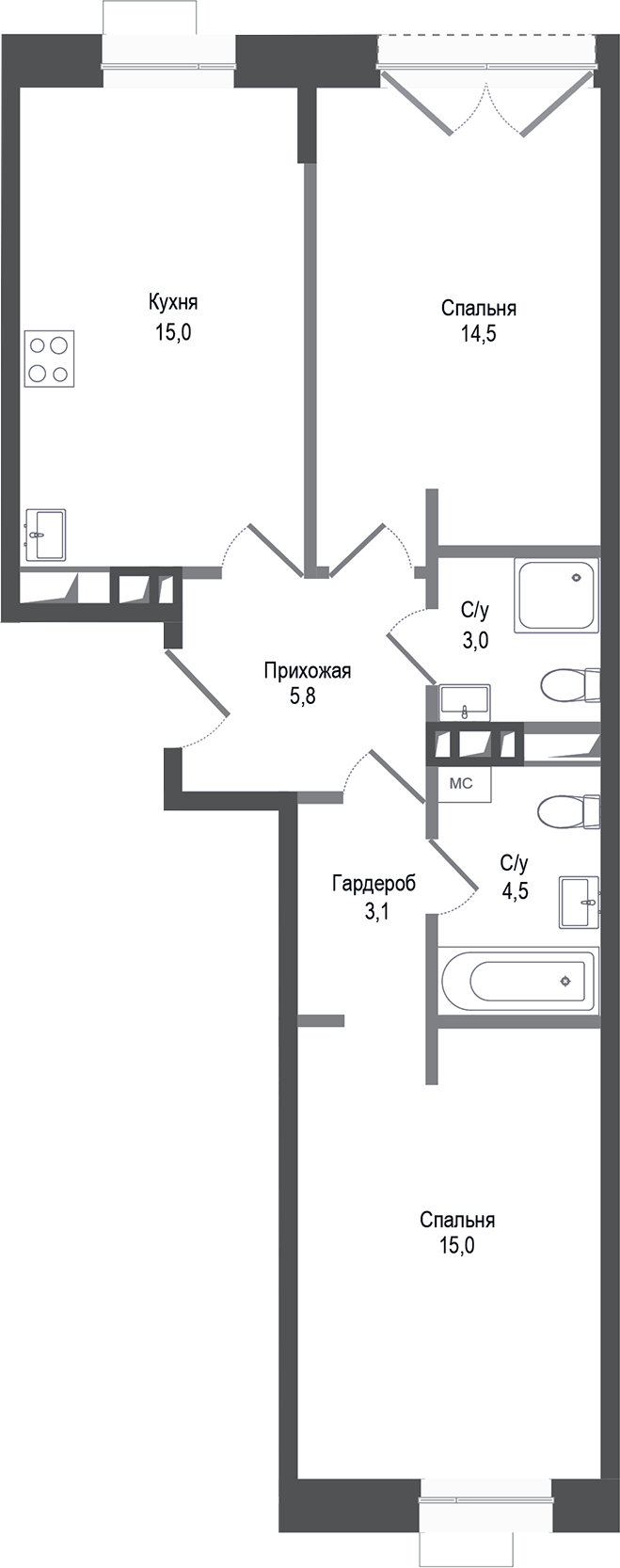 Планировка — Киноквартал, 2-комн., 61 м²