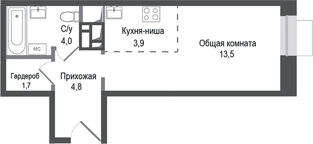 Планировка — Киноквартал, Студия, 28 м²