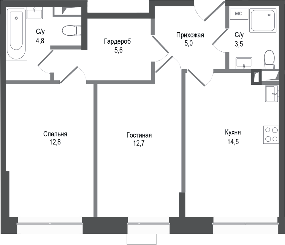 Планировка — Киноквартал, 2-комн., 59 м²