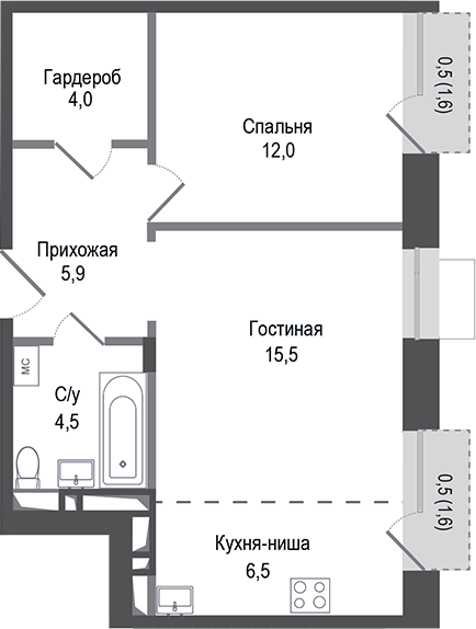 Планировка — Киноквартал, 2-комн., 48 м²