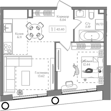 Планировка — Преображенская площадь, 2-комн., 45 м²