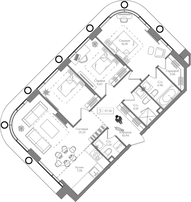 Планировка — Преображенская площадь, 4-комн., 97 м²