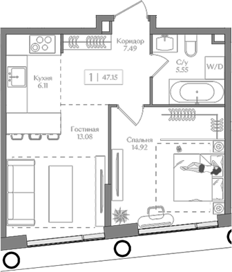 Планировка — Преображенская площадь, 2-комн., 47 м²