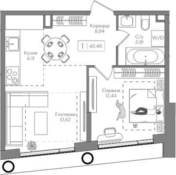 Планировка — Преображенская площадь, 2-комн., 45 м²