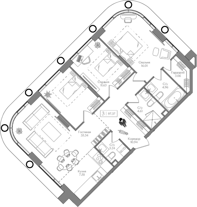 Планировка — Преображенская площадь, 4-комн., 97 м²