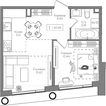 Планировка — Преображенская площадь, 2-комн., 45 м²