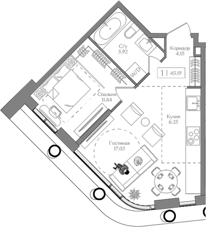 Планировка — Преображенская площадь, 2-комн., 45 м²