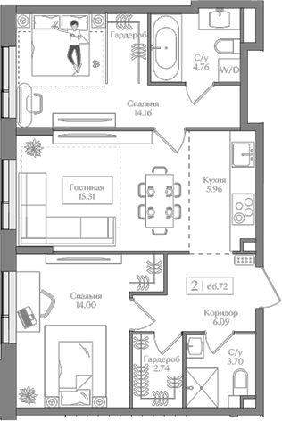 Планировка — Преображенская площадь, 3-комн., 67 м²