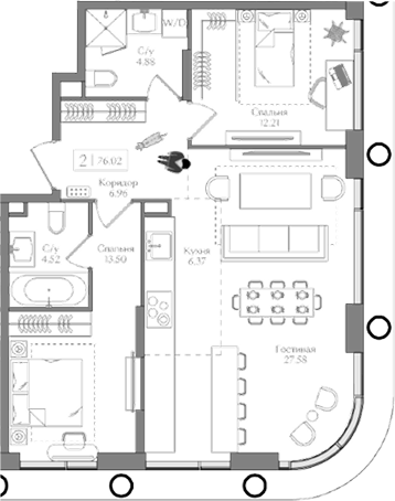 Планировка — Преображенская площадь, 3-комн., 76 м²