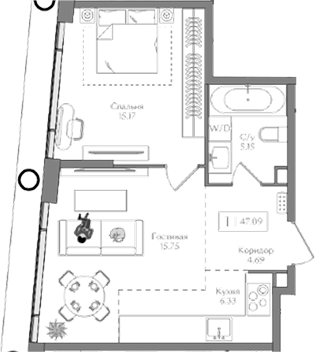 Планировка — Преображенская площадь, 2-комн., 47 м²