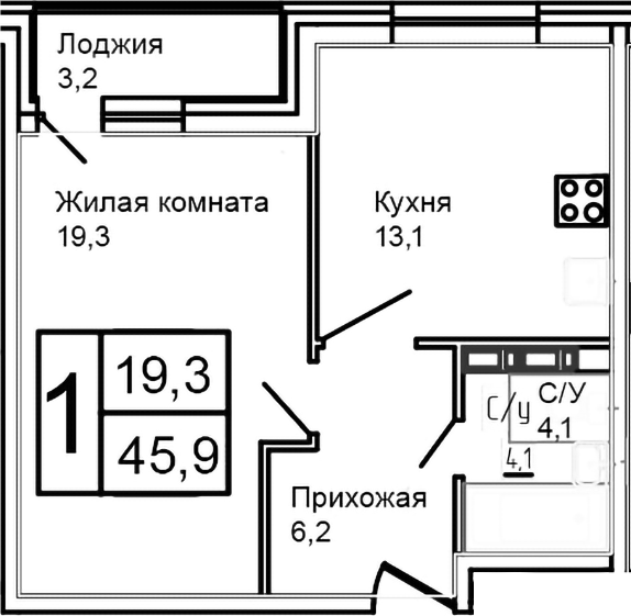 Планировка — Троицкий, 1-комн., 43 м²