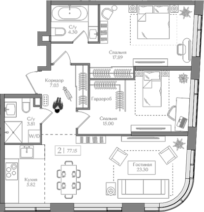 Планировка — Преображенская площадь, 3-комн., 77 м²