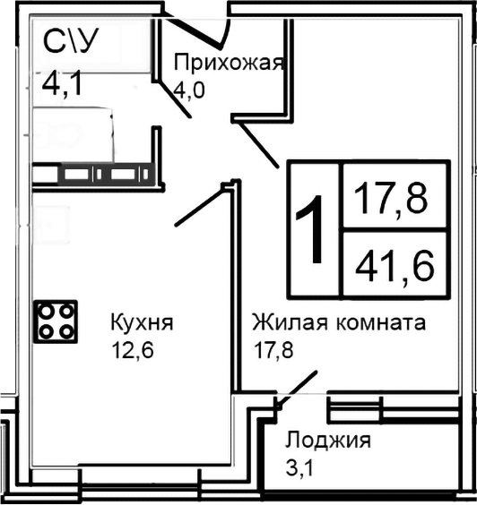 Планировка — Троицкий, 1-комн., 39 м²