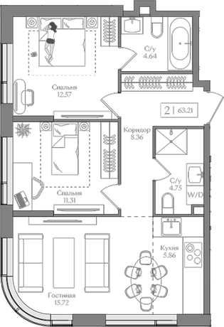 Планировка — Преображенская площадь, 3-комн., 63 м²