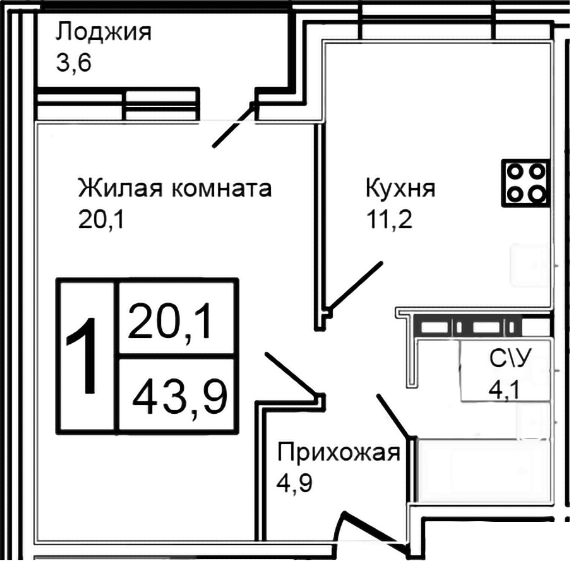 Планировка — Троицкий, 2-комн., 40 м²