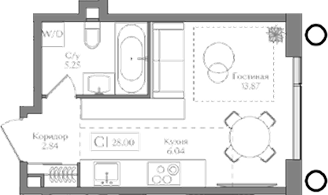 Планировка — Преображенская площадь, Студия, 28 м²