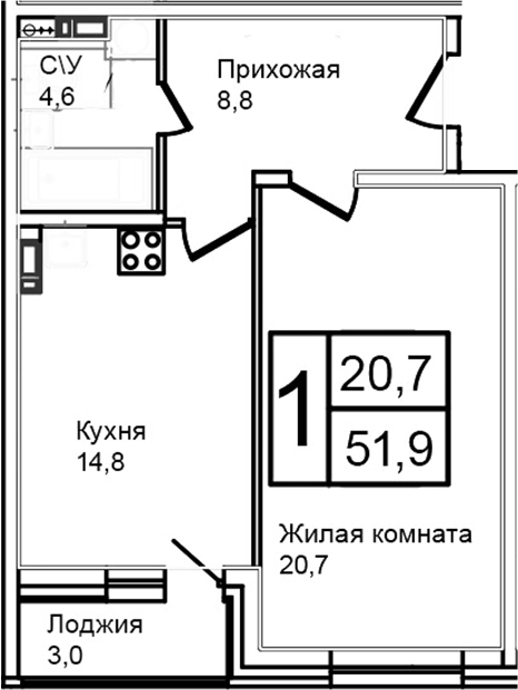 Планировка — Троицкий, 1-комн., 49 м²