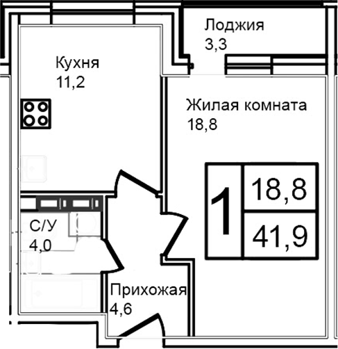 Планировка — Троицкий, 1-комн., 39 м²