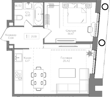 Планировка — Преображенская площадь, 2-комн., 51 м²