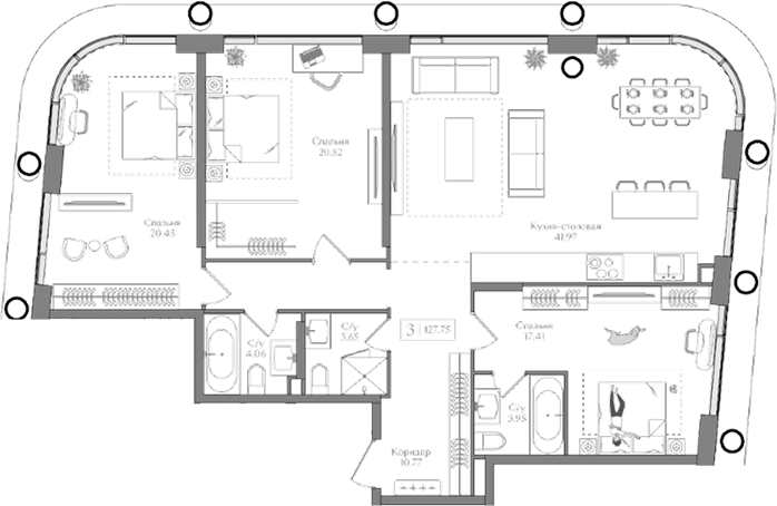 Планировка — Преображенская площадь, 4-комн., 128 м²