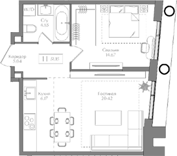 Планировка — Преображенская площадь, 2-комн., 51 м²