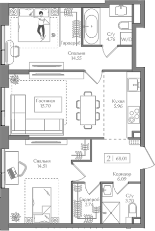 Планировка — Преображенская площадь, 3-комн., 68 м²