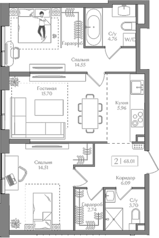 Планировка — Преображенская площадь, 3-комн., 68 м²