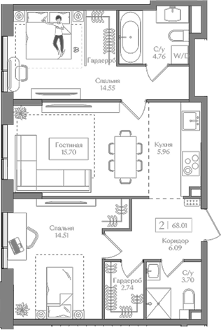 Планировка — Преображенская площадь, 3-комн., 68 м²
