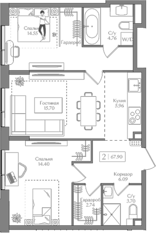 Планировка — Преображенская площадь, 3-комн., 68 м²