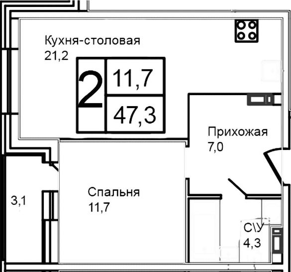 Планировка — Троицкий, 2-комн., 44 м²