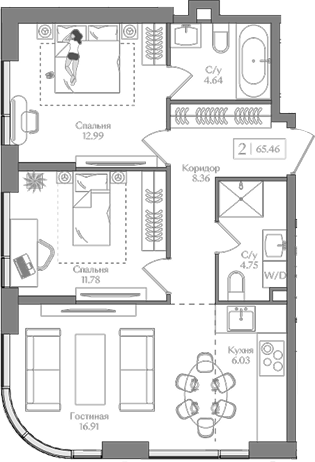Планировка — Преображенская площадь, 3-комн., 65 м²