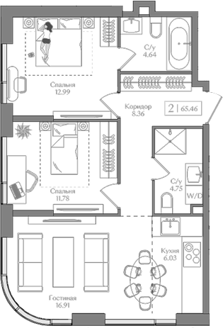 Планировка — Преображенская площадь, 3-комн., 65 м²