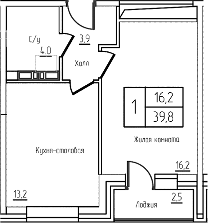 Планировка — Троицкий, 2-комн., 37 м²