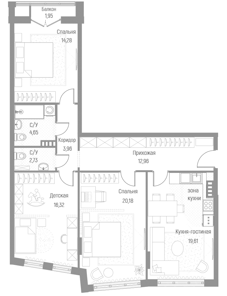 Планировка — Эльйон, 3-комн., 95 м²