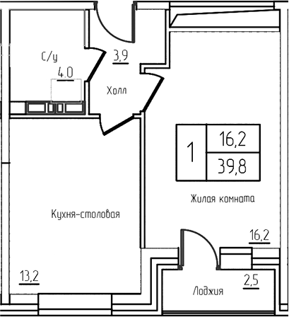 Планировка — Троицкий, 2-комн., 37 м²