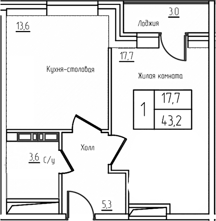 Планировка — Троицкий, 2-комн., 40 м²