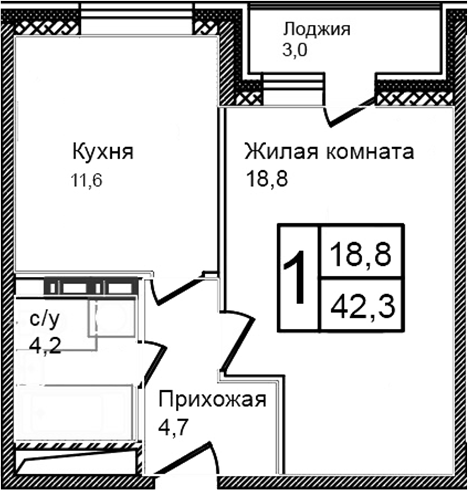 Планировка — Троицкий, 1-комн., 39 м²