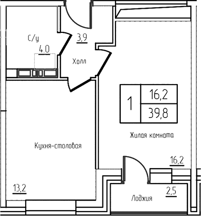 Планировка — Троицкий, 2-комн., 37 м²