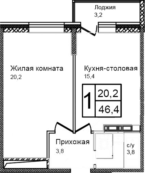 Планировка — Троицкий, 2-комн., 43 м²