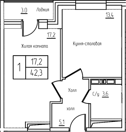 Планировка — Троицкий, 2-комн., 39 м²