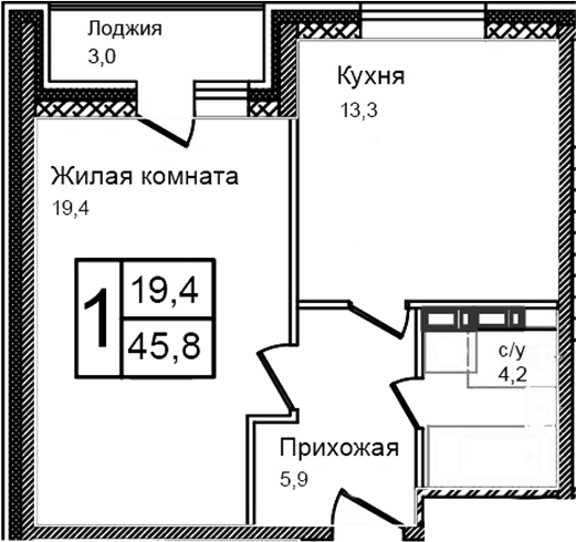 Планировка — Троицкий, 1-комн., 43 м²