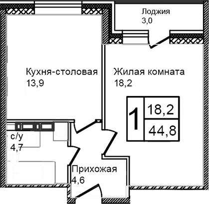 Планировка — Троицкий, 2-комн., 41 м²
