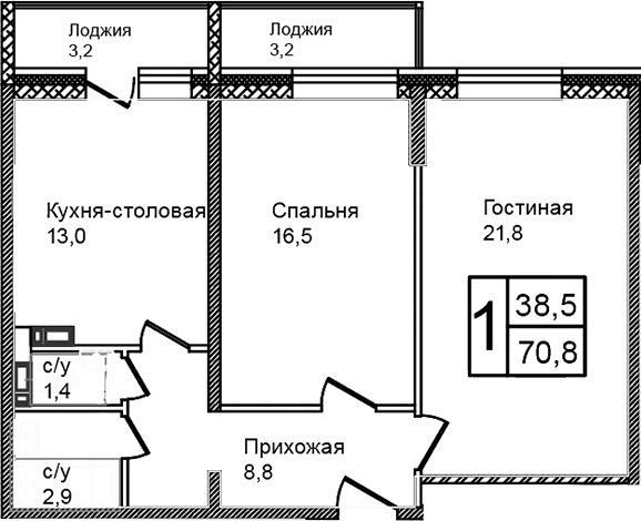 Планировка — Троицкий, 3-комн., 64 м²