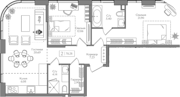 Планировка — Преображенская площадь, 3-комн., 78 м²